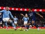 Chelsea's Raheem Sterling in action before scoring their first goal 