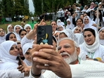 Posting pictures on X, Modi wrote, “Post Yoga selfies in Srinagar! Unparalleled vibrancy here, at the Dal Lake.”(X/Narendra Modi)
